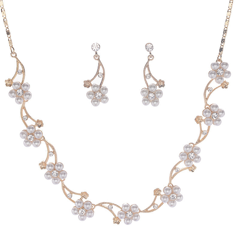 Sweet Minimalist Pearl Inlay Alloy Necklace and Earring Set with Singapore Chain for Women