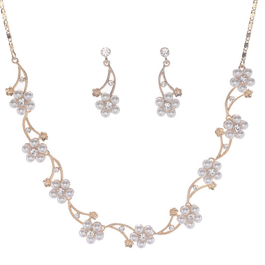 Set di Collana e Orecchini in Lega con Intarsi di Perle, Stile Minimalista, con Catena Singapore, per Donna