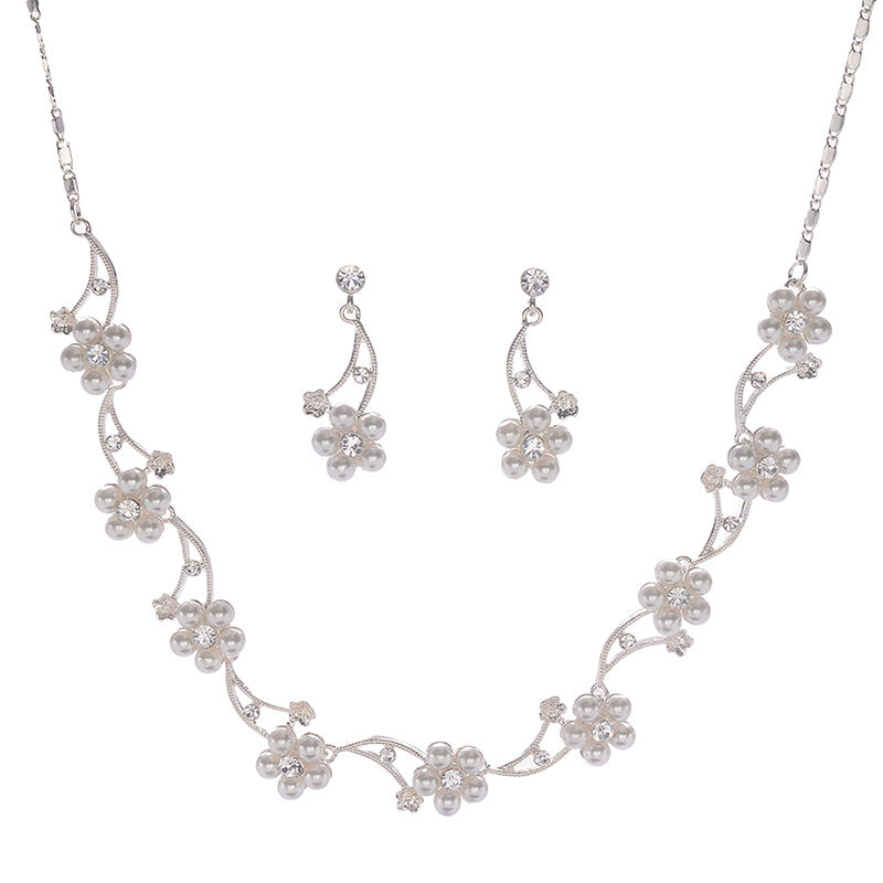 Sweet Minimalist Pearl Inlay Alloy Necklace and Earring Set with Singapore Chain for Women