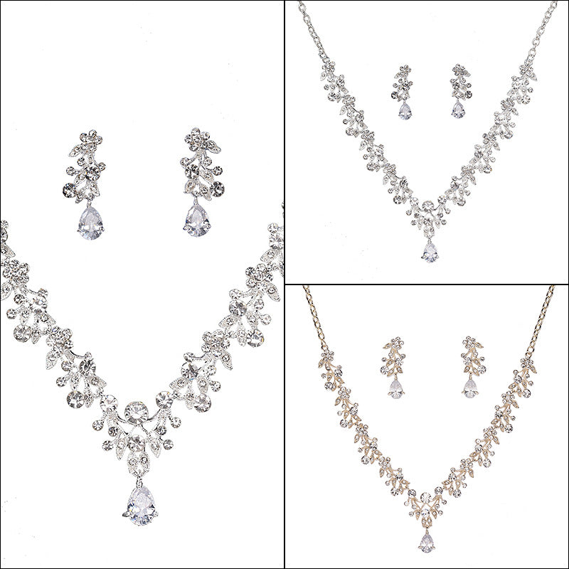 Conjunto de collar y pendientes de latón chapado, con colgante de circonita cúbica y estrás, diseño floral elegante y dulce, para mujer, boda, joyería nupcial
