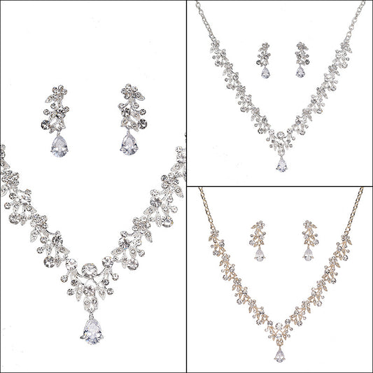 Sweet Elegant Floral Rhinestone & Cubic Zirconia Inlaid Brass Pendant Alloy Plated Necklace and Earring Set for Women Wedding Bridal Jewelry