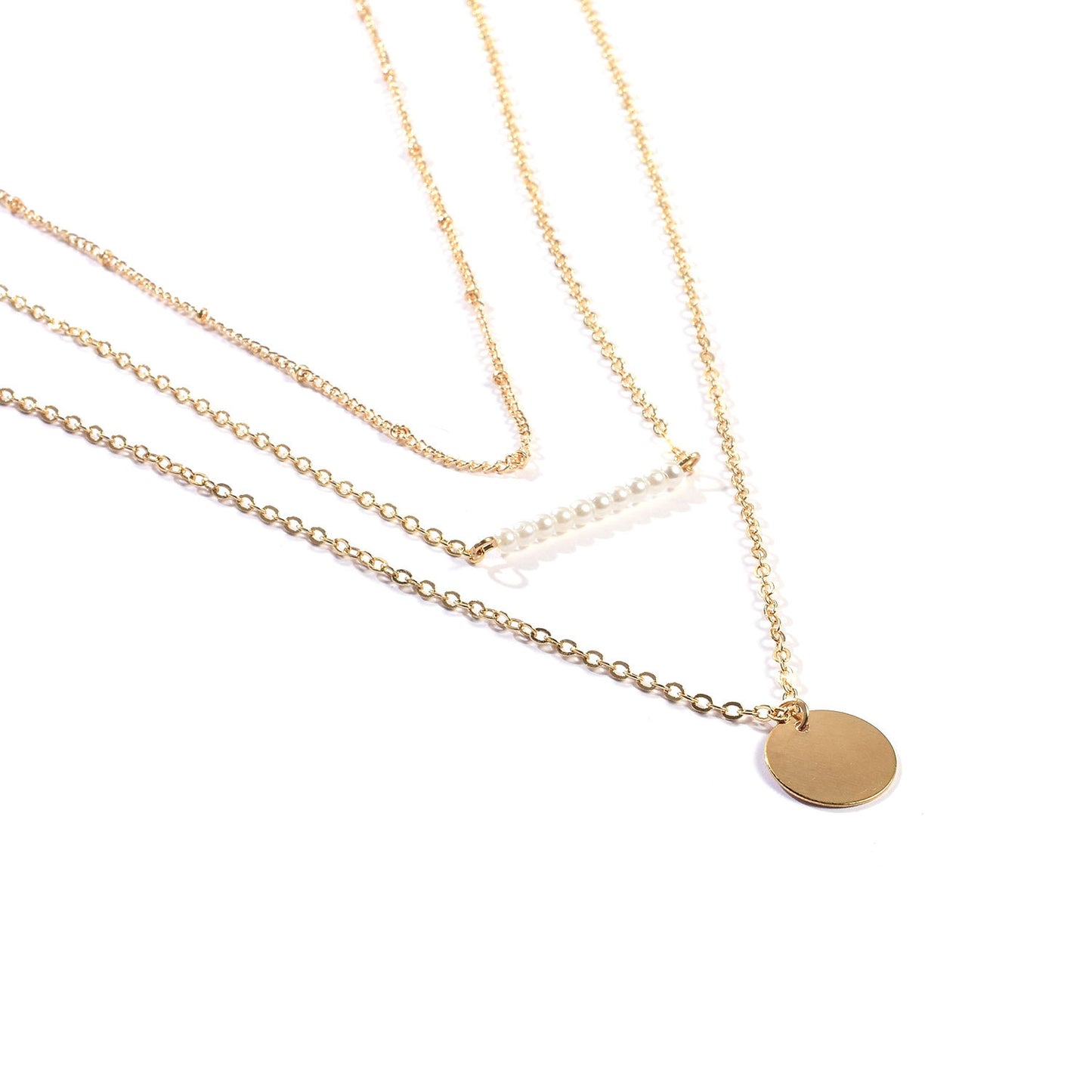 Multi-Layer Short Necklace with Pearl and Sequin Accents Geometric Alloy Pendant Chain for Women