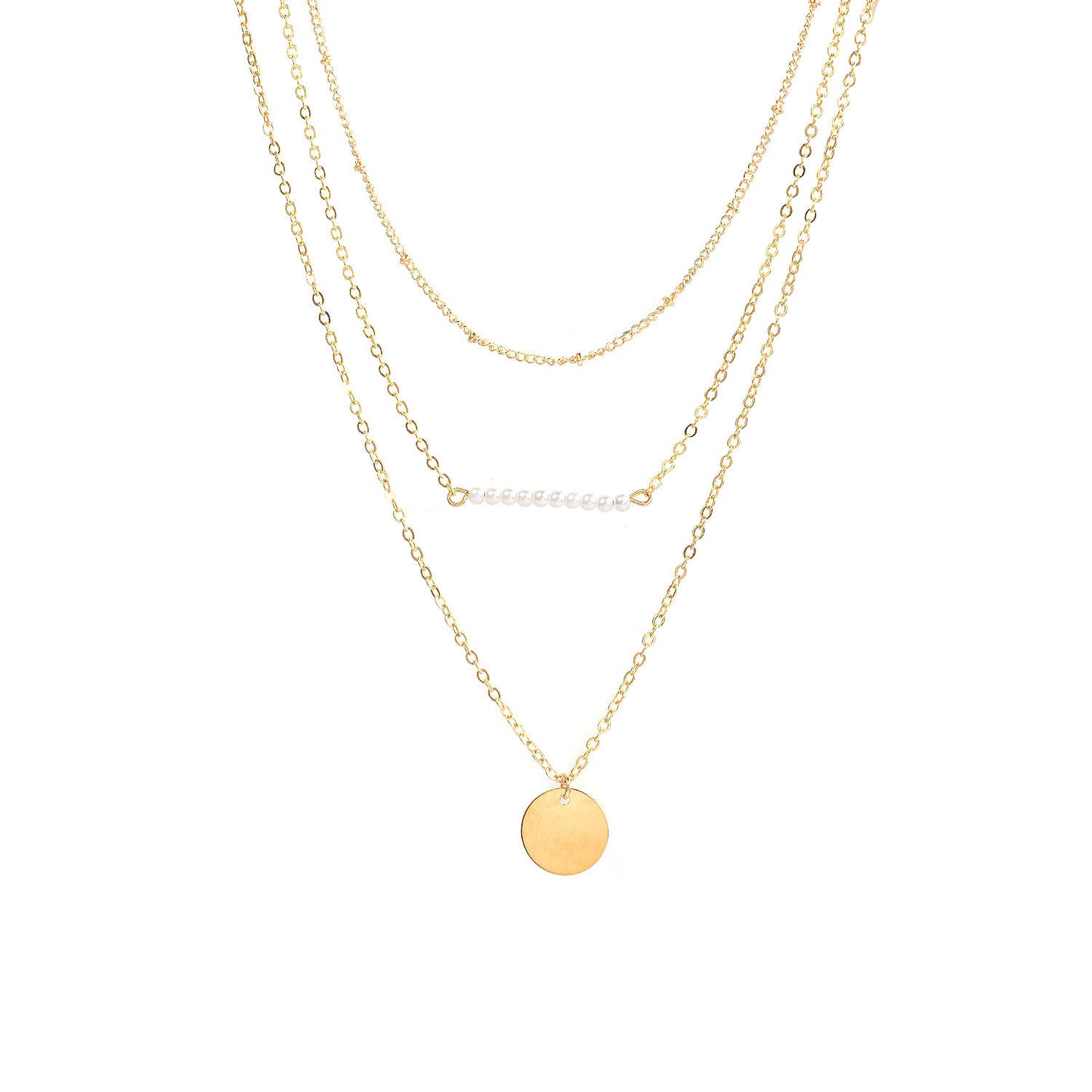 Multi-Layer Short Necklace with Pearl and Sequin Accents Geometric Alloy Pendant Chain for Women