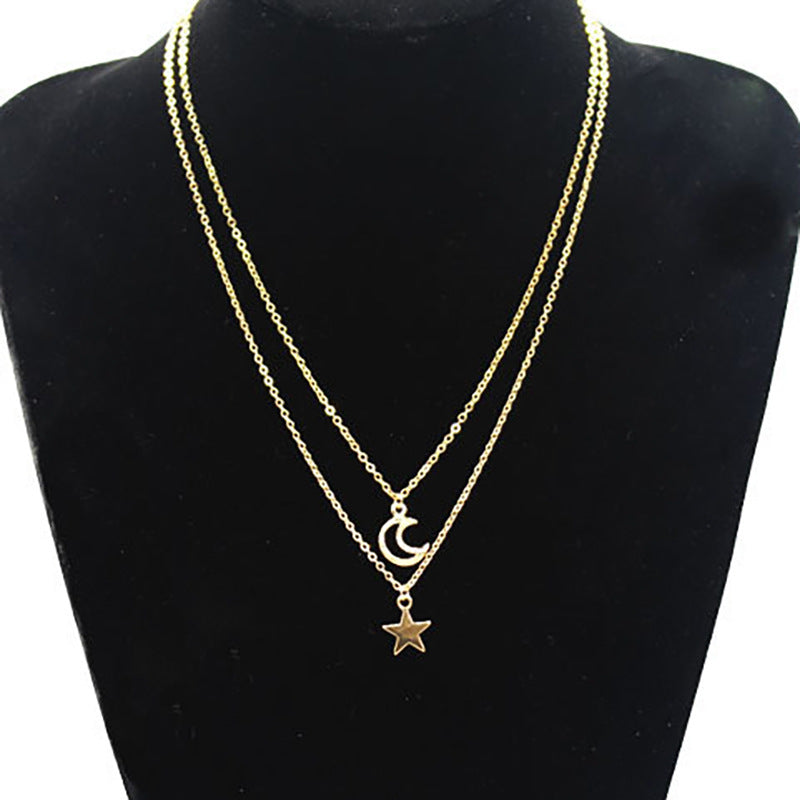 Star Crescent Hollow-Out Multi-Layer Pendant Necklace for Women Alloy Cross Chain Summer Trendy Jewelry