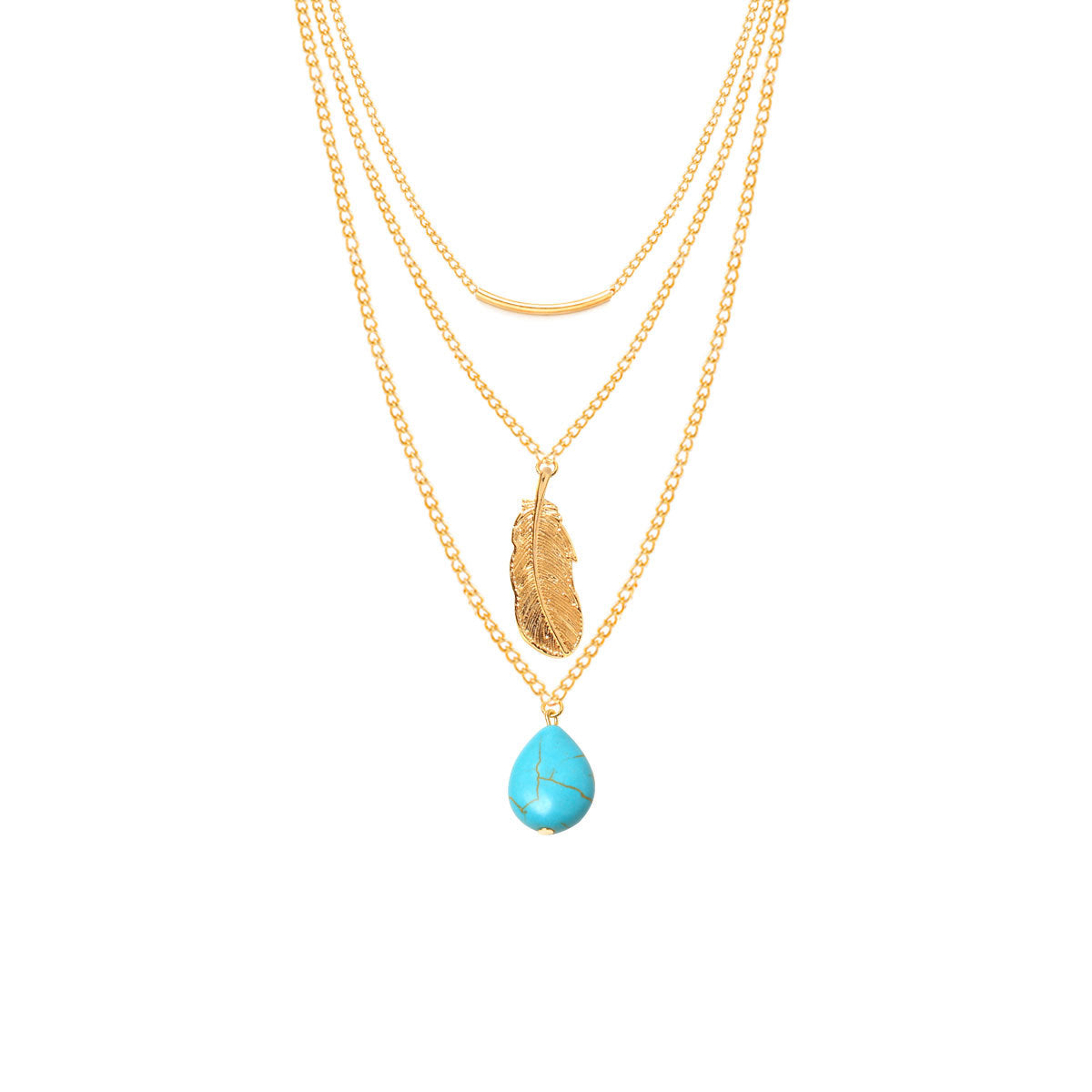 Minimalist Alloy Cross Chain Necklace with Turquoise Inlay and Leaf Teardrop Pendant