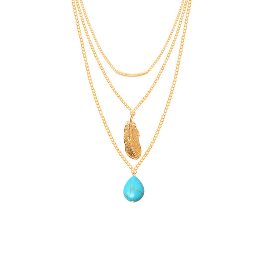 Minimalist Alloy Cross Chain Necklace with Turquoise Inlay and Leaf Teardrop Pendant