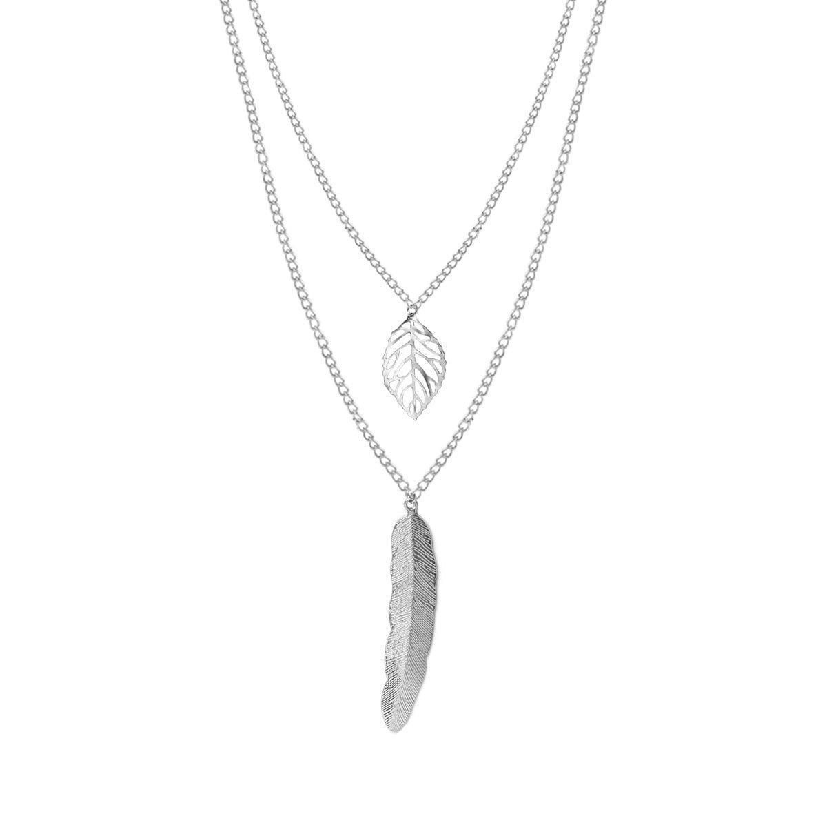 Statement Leaf Feather Necklace for Women Alloy Cross Chain Double Layer Clavicle Necklace