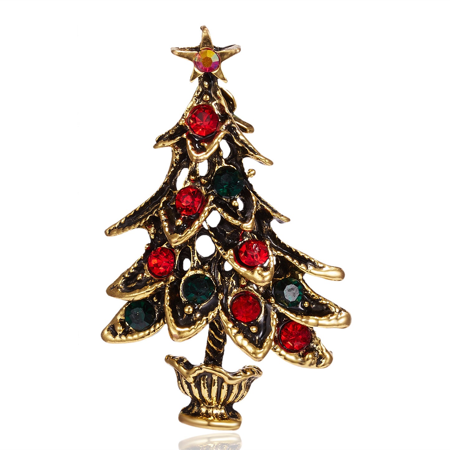 Fashionable Christmas Tree Brooch with Rhinestone Inlay in Alloy, Cartoon Character Design for Unisex Holiday and New Year Decoration