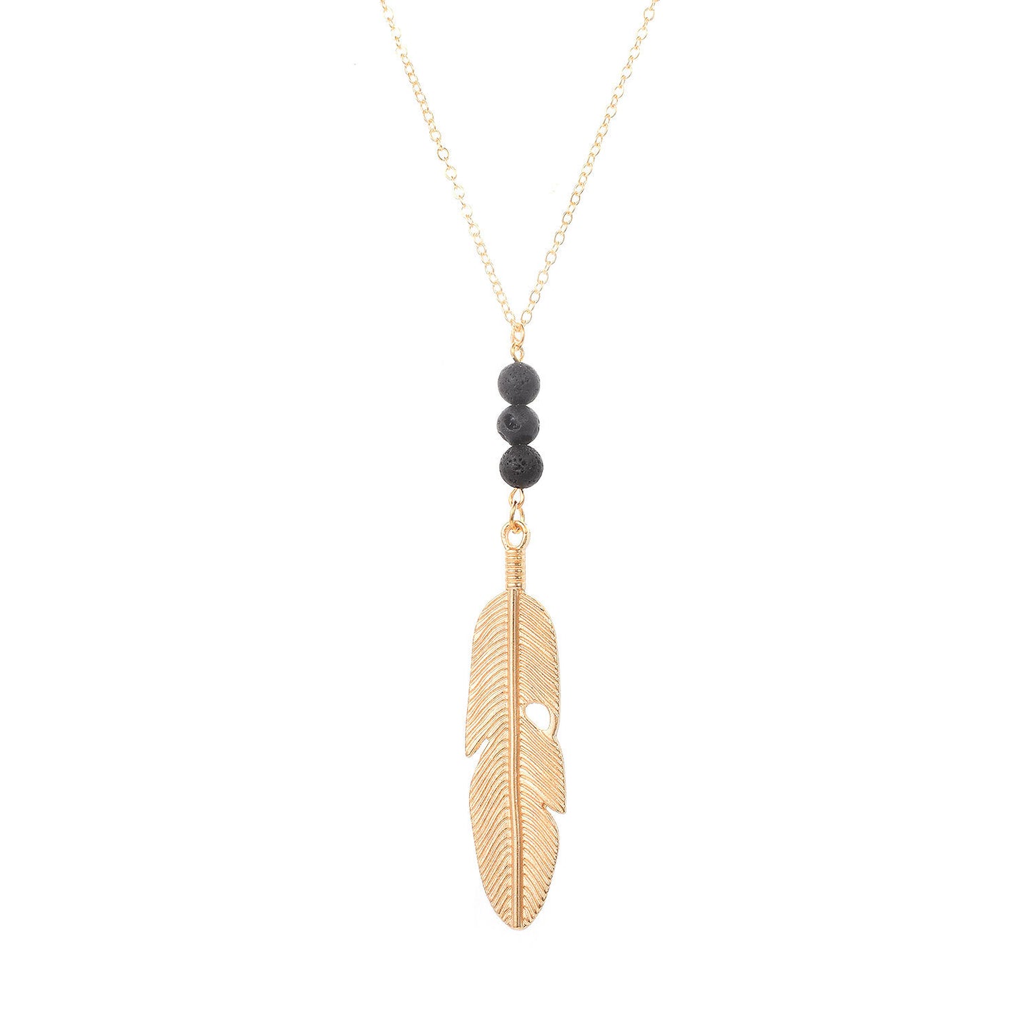 Long Geometric Leaf Arrow Pendant Necklace with Volcanic Stone Drip Oil Finish Alloy Box Chain