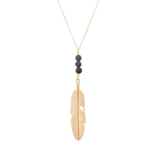 Long Geometric Leaf Arrow Pendant Necklace with Volcanic Stone Drip Oil Finish Alloy Box Chain