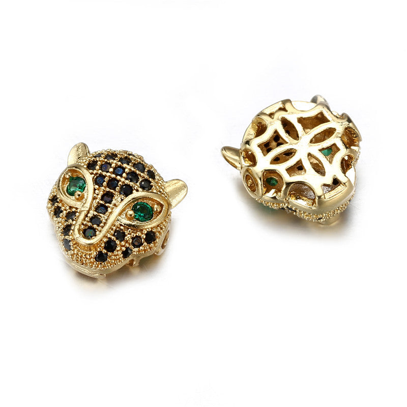 Leopard Print Animal Brass Plated Cubic Zirconia Inlay Pendant Bead with Green Eyes