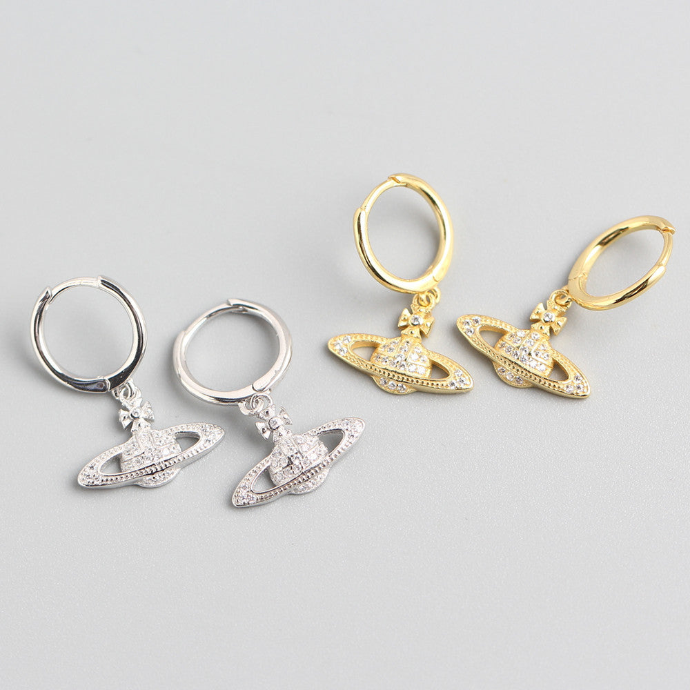 Orecchini a cerchio in argento sterling 925 di lusso con strass a forma di pianeta geometrico