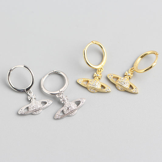 Pendientes de aro de lujo de plata de ley 925 con diamantes de imitación geométricos de planeta