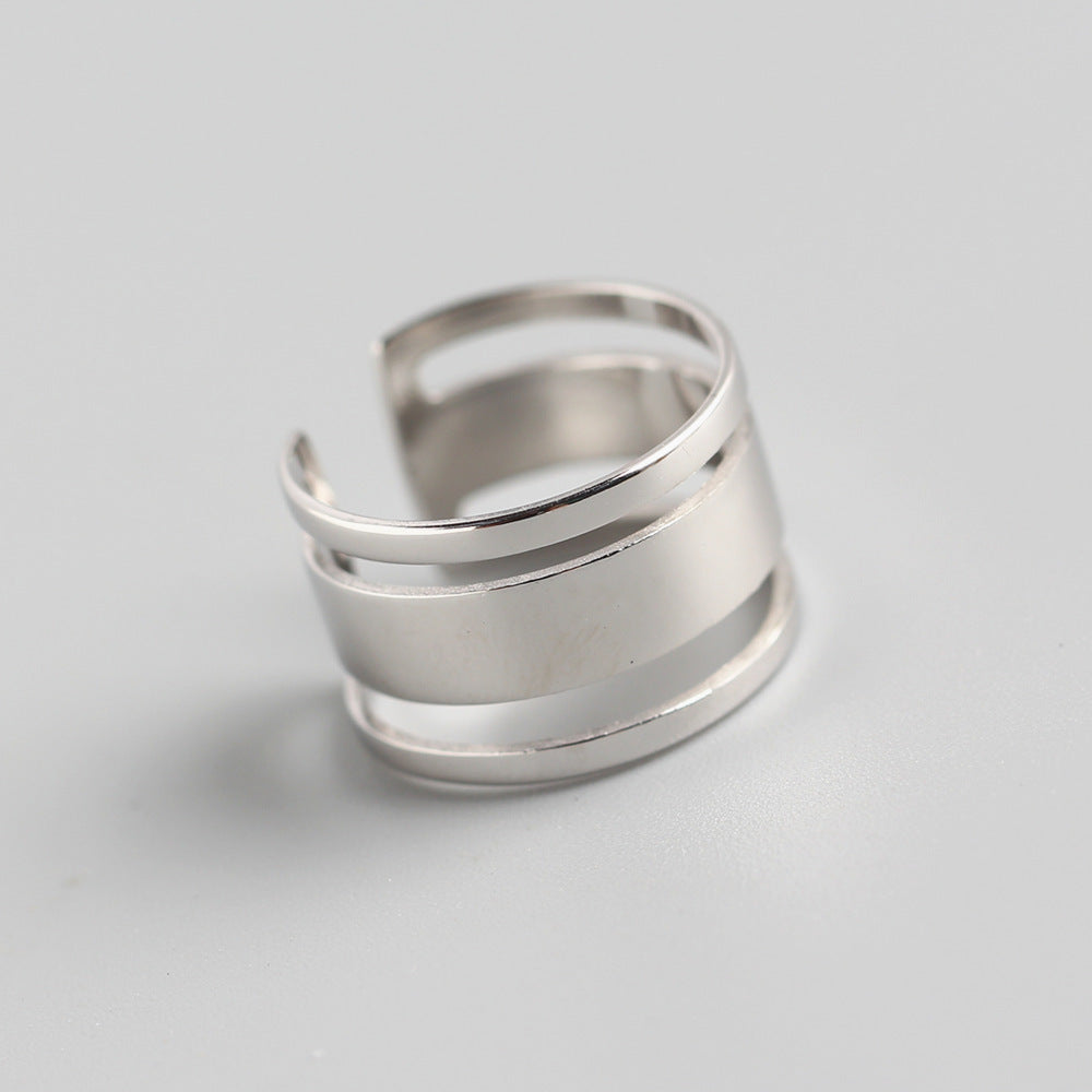 Minimalist 925 Sterling Silver Polished Round Geometric Three-Layer Ring for Women