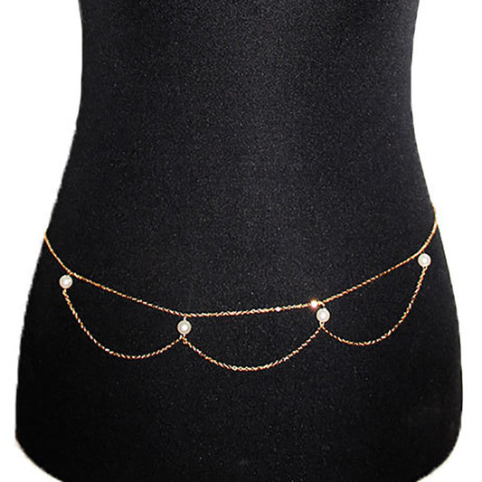 Women's Minimalist Bohemian Pearl Multi-Layer Waist Chain Metal Belt Accessory