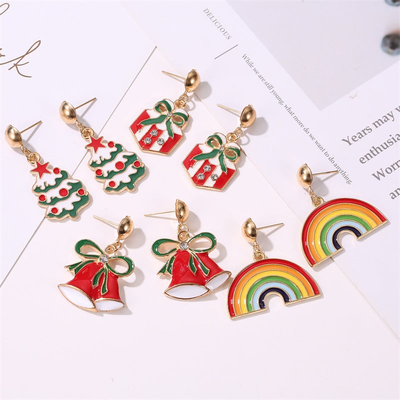 Orecchini a perno con albero di Natale, in lega di zinco placcata, a forma di fiocco di neve, zucca, arcobaleno, da donna, per le feste