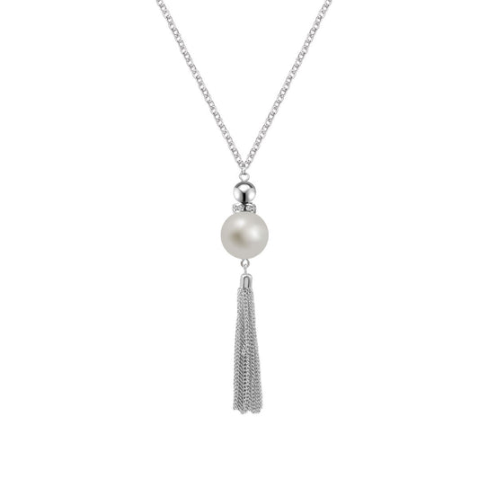 Collar largo de perlas con borla para mujer, cadena de suéter de doble capa, cadena cruzada