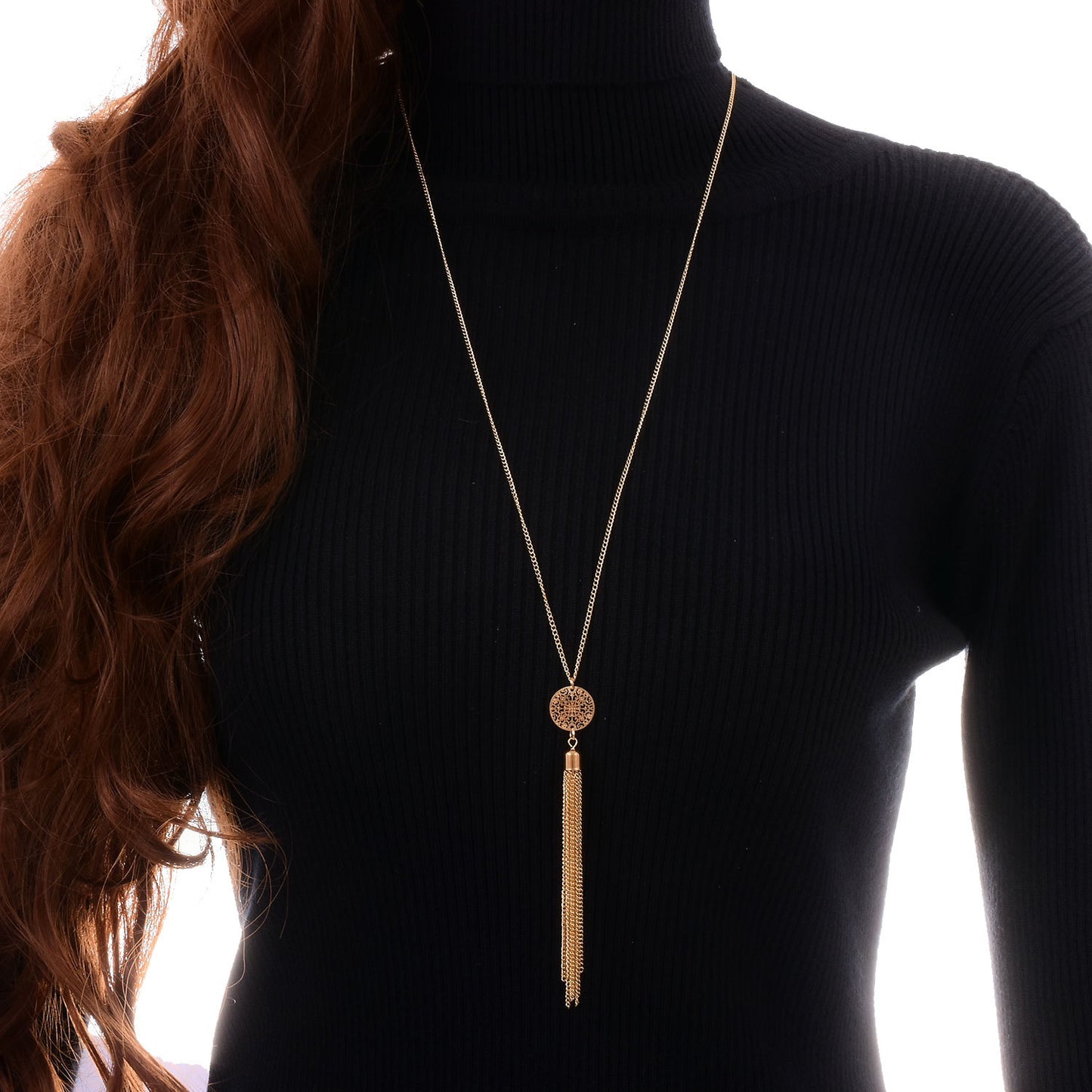 Vintage Geometric Circle Tassel Pendant Necklace Alloy Plated