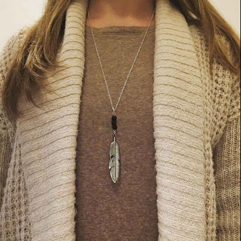 Long Geometric Leaf Arrow Pendant Necklace with Volcanic Stone Drip Oil Finish Alloy Box Chain