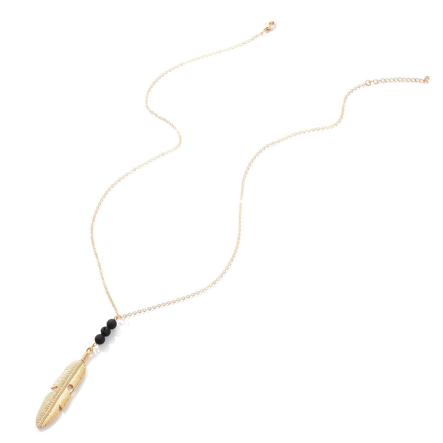 Long Geometric Leaf Arrow Pendant Necklace with Volcanic Stone Drip Oil Finish Alloy Box Chain