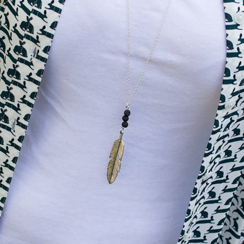 Long Geometric Leaf Arrow Pendant Necklace with Volcanic Stone Drip Oil Finish Alloy Box Chain