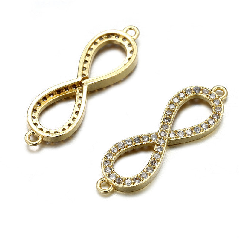 Gold Plated Brass Number 8 Charm Bar with Cubic Zirconia Inlay for DIY Jewelry Making
