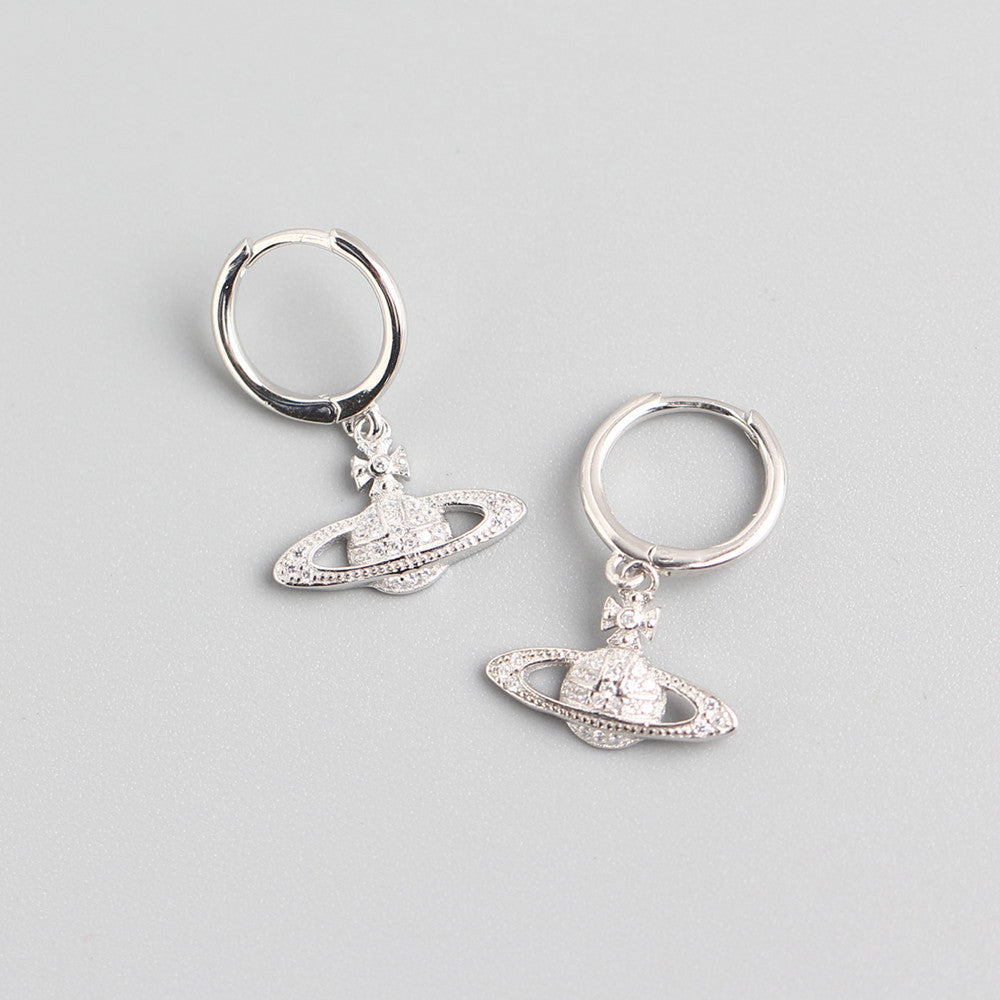 Orecchini a cerchio in argento sterling 925 di lusso con strass a forma di pianeta geometrico