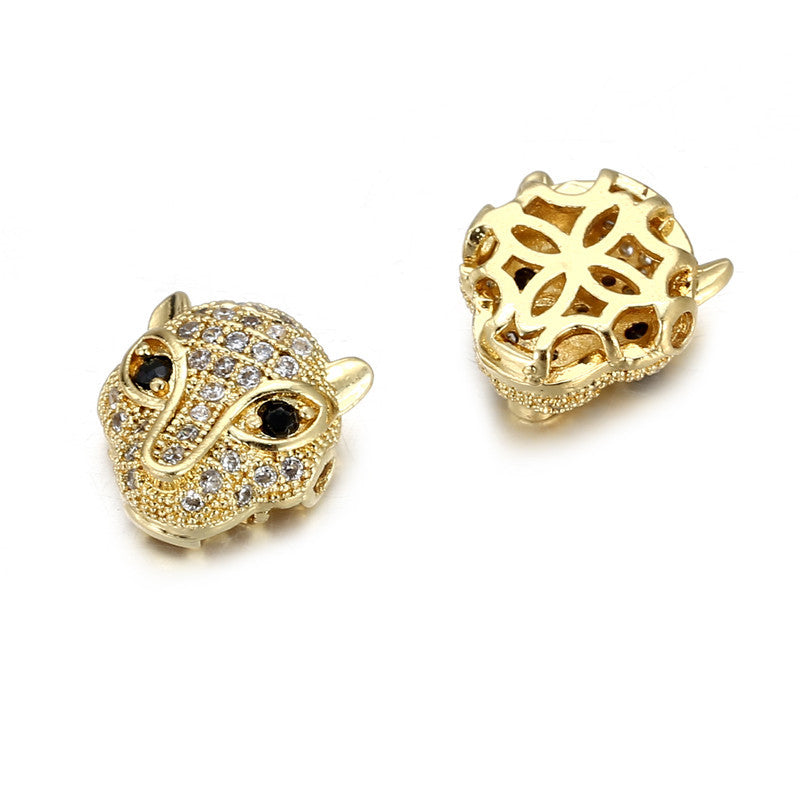 Leopard Print Animal Brass Plated Cubic Zirconia Inlay Pendant Bead with Green Eyes