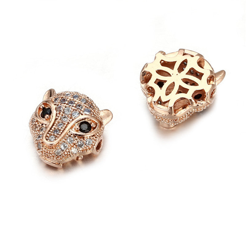 Handmade DIY Brass Leopard Head Charm Bar with Cubic Zirconia Inlay and Plated Finish
