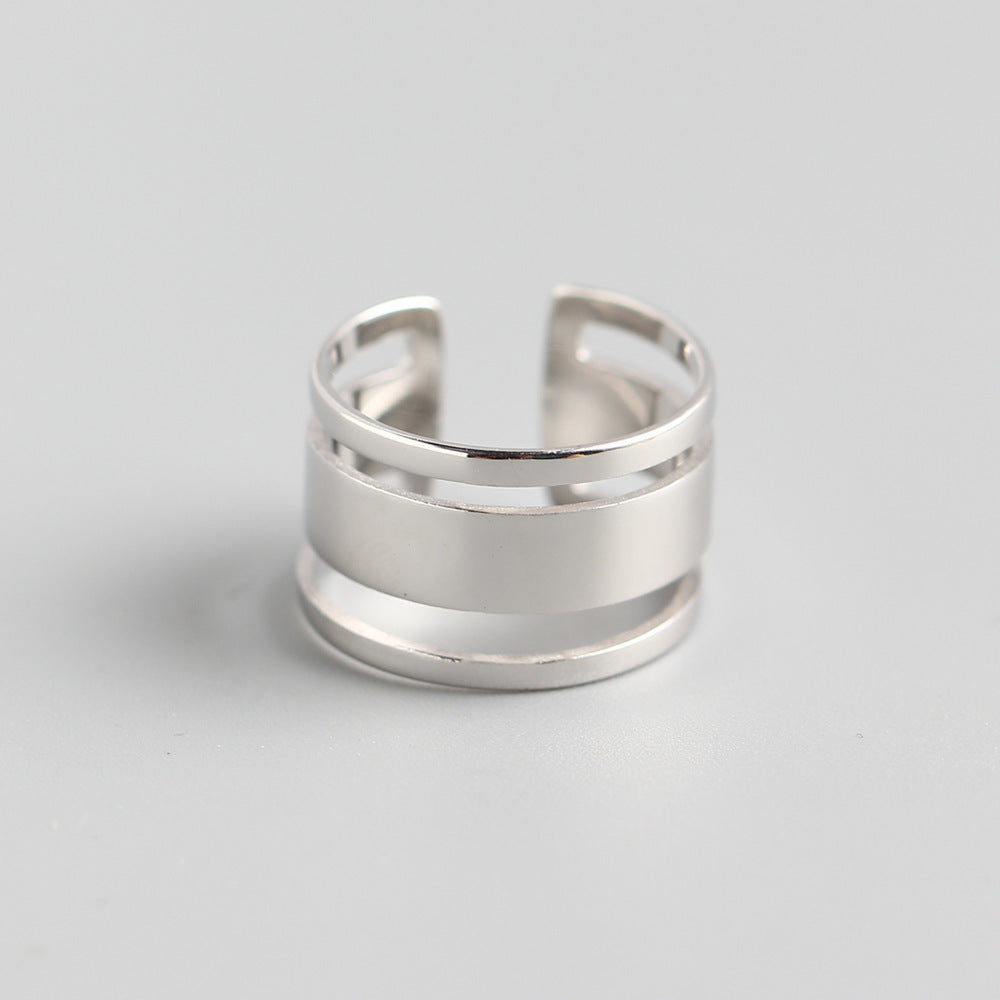 Minimalist 925 Sterling Silver Polished Round Geometric Three-Layer Ring for Women