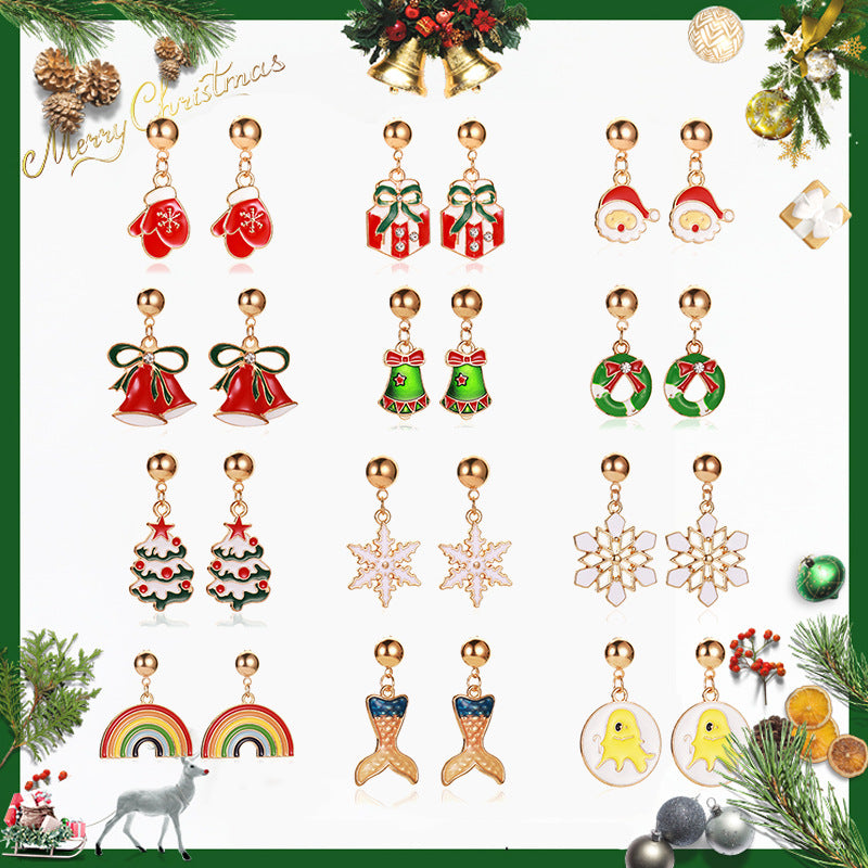 Orecchini a perno con albero di Natale, in lega di zinco placcata, a forma di fiocco di neve, zucca, arcobaleno, da donna, per le feste