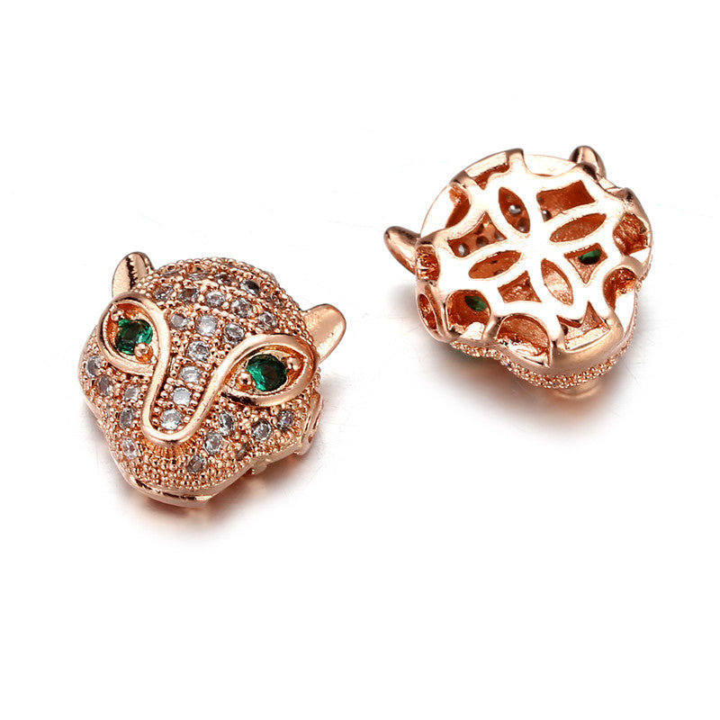 Leopard Print Animal Brass Plated Cubic Zirconia Inlay Pendant Bead with Green Eyes