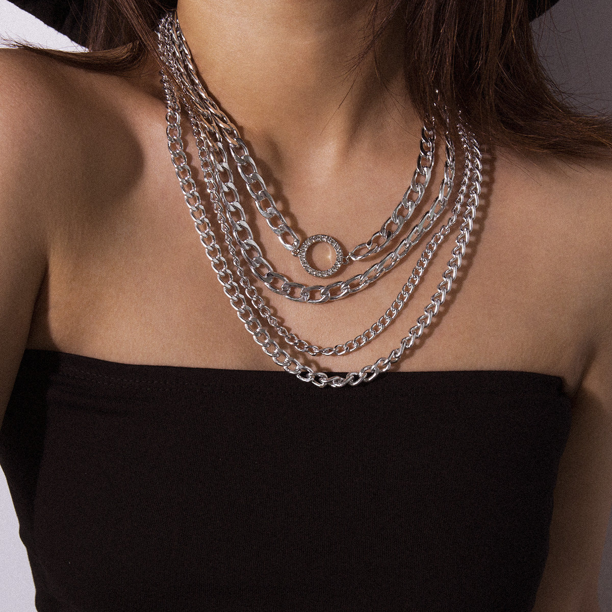 Vintage Punk Geometric Round Alloy Plated Multi-layer Necklace with Curb Chain for Women