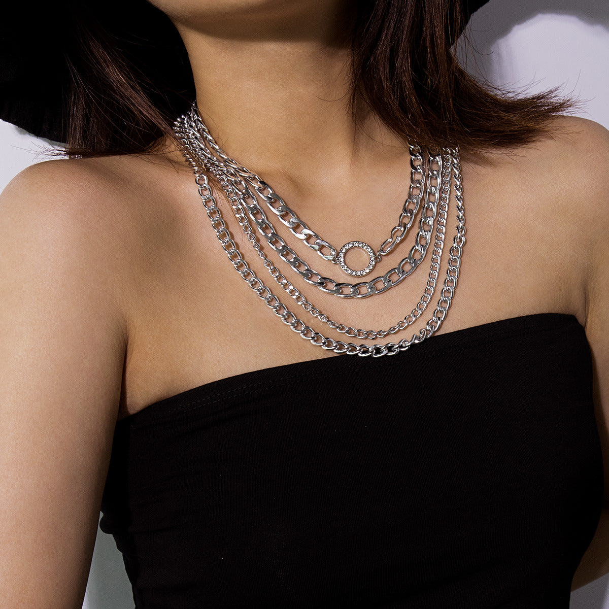 Vintage Punk Geometric Round Alloy Plated Multi-layer Necklace with Curb Chain for Women