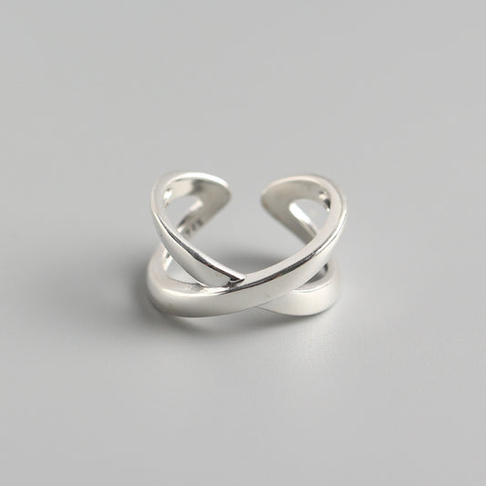 Anello aperto da donna minimalista a fascia incrociata geometrica in argento sterling 925 lucido