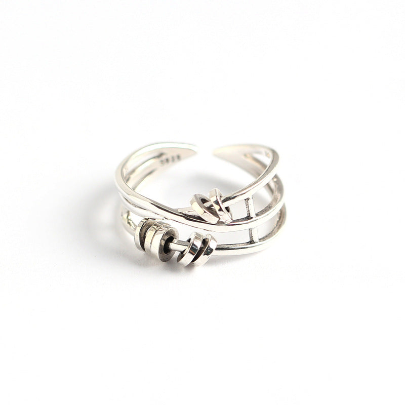 Vintage 925 Sterling Silver Round Geometric Multi-Layer Cross Moving Circle Ring for Women