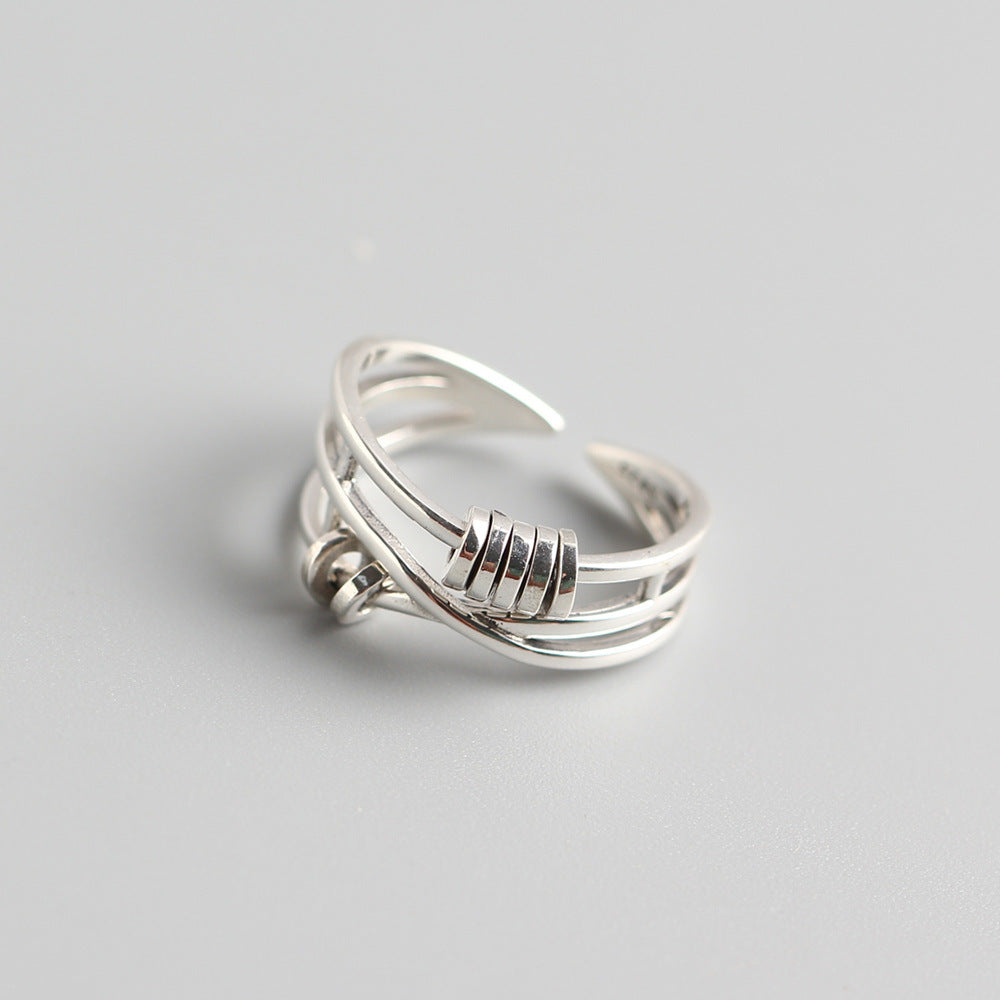 Vintage 925 Sterling Silver Round Geometric Multi-Layer Cross Moving Circle Ring for Women