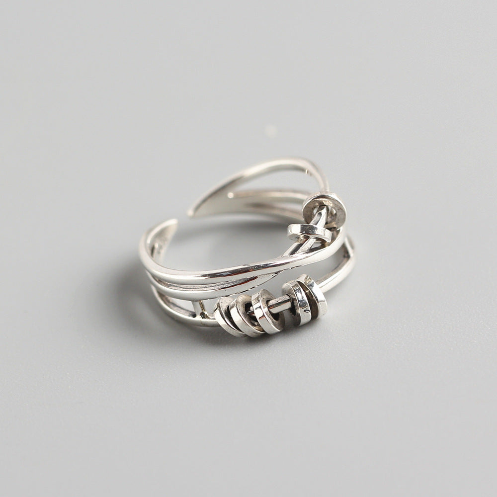 Vintage 925 Sterling Silver Round Geometric Multi-Layer Cross Moving Circle Ring for Women