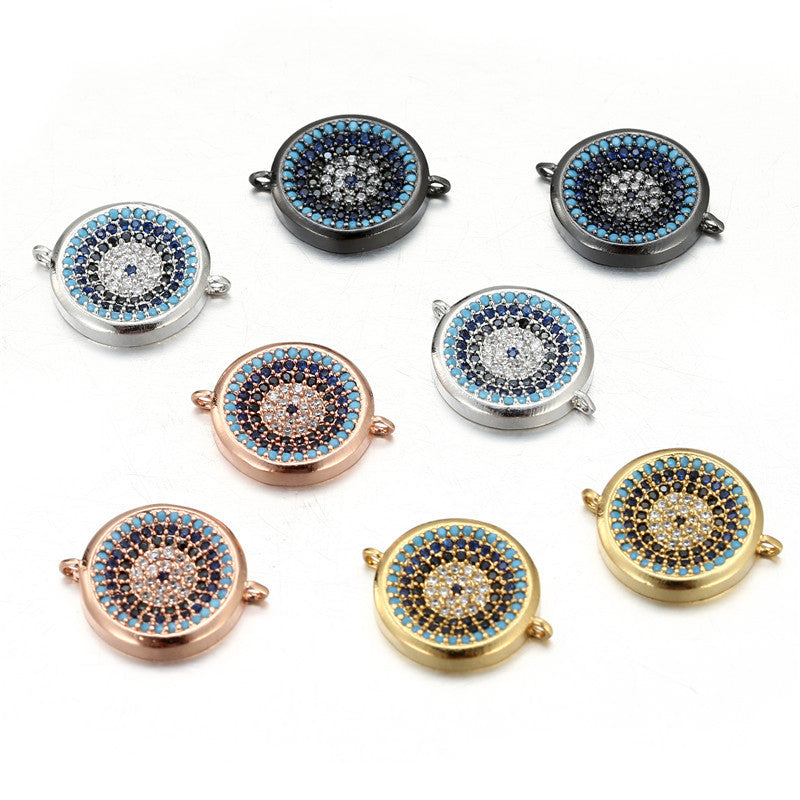 Round Brass Plated Pendant with Cubic Zirconia Evil Eye Charm Bar