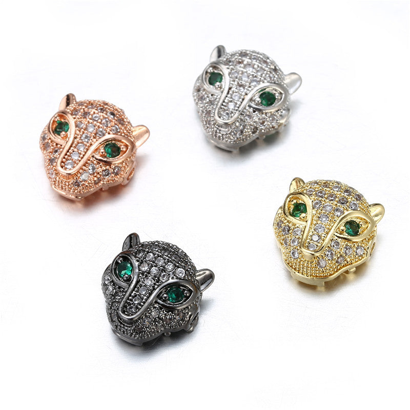 Leopard Print Animal Brass Plated Cubic Zirconia Inlay Pendant Bead with Green Eyes