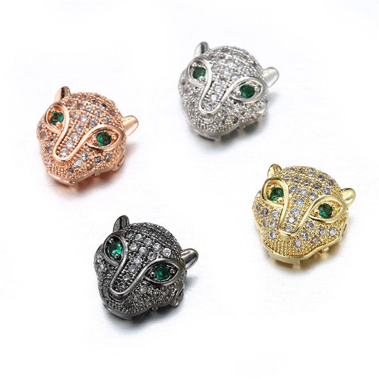 Leopard Print Animal Brass Plated Cubic Zirconia Inlay Pendant Bead with Green Eyes