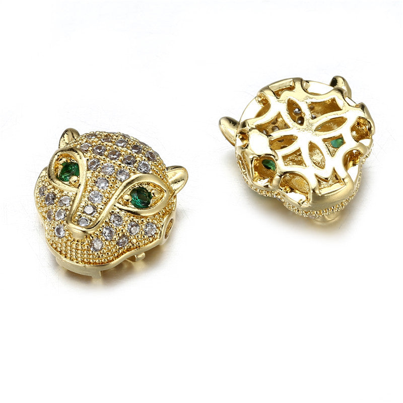 Handmade DIY Brass Leopard Head Charm Bar with Cubic Zirconia Inlay and Plated Finish