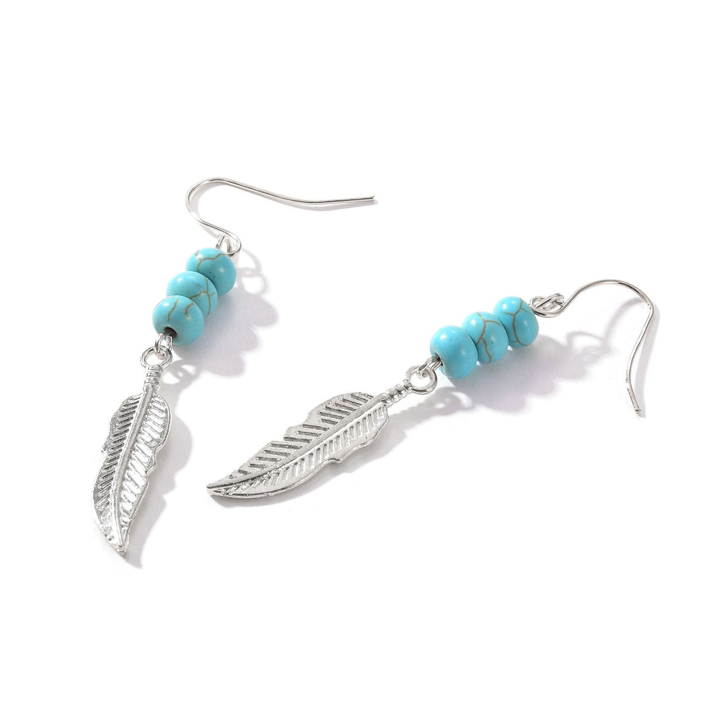 Minimalist Feather Earrings with Turquoise Beads for Women Western Style Alloy Hook Earrings