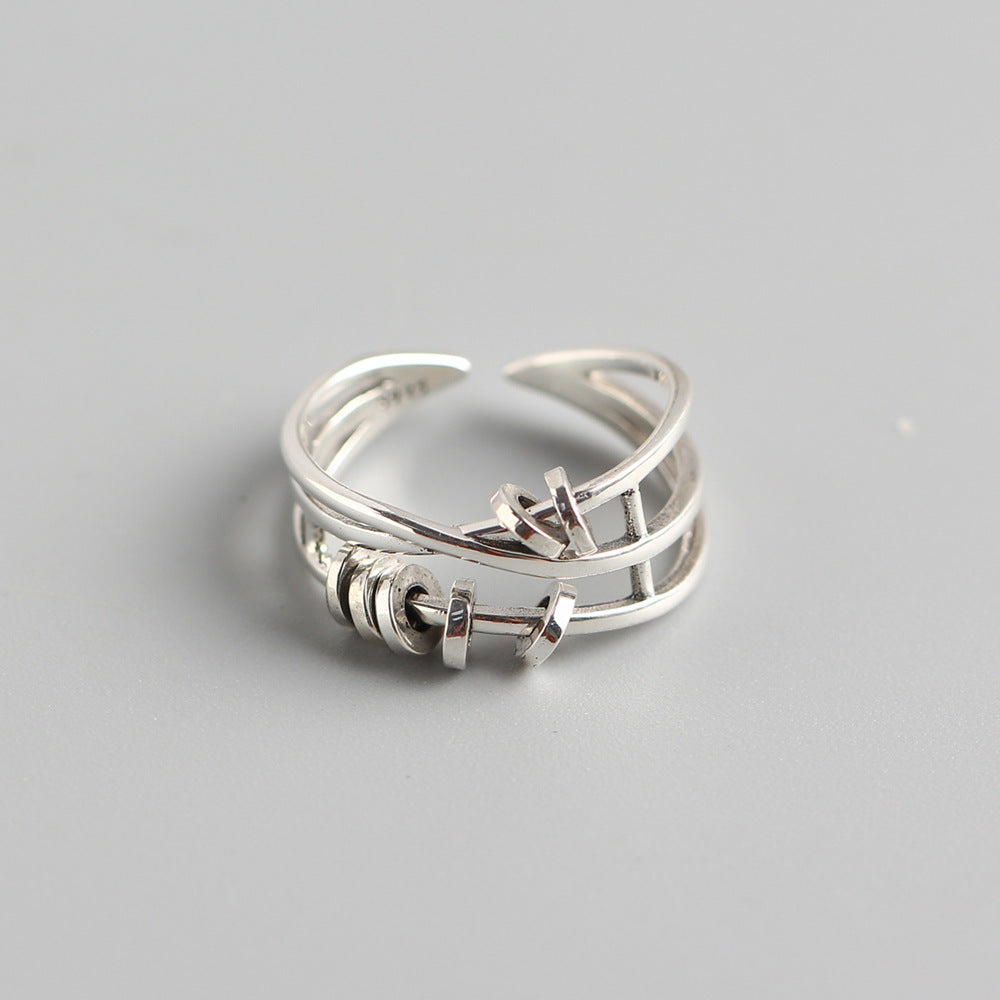 Vintage 925 Sterling Silver Round Geometric Multi-Layer Cross Moving Circle Ring for Women