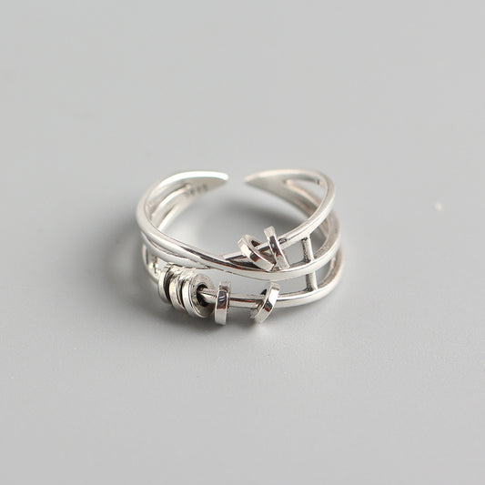 Vintage 925 Sterling Silver Round Geometric Multi-Layer Cross Moving Circle Ring for Women
