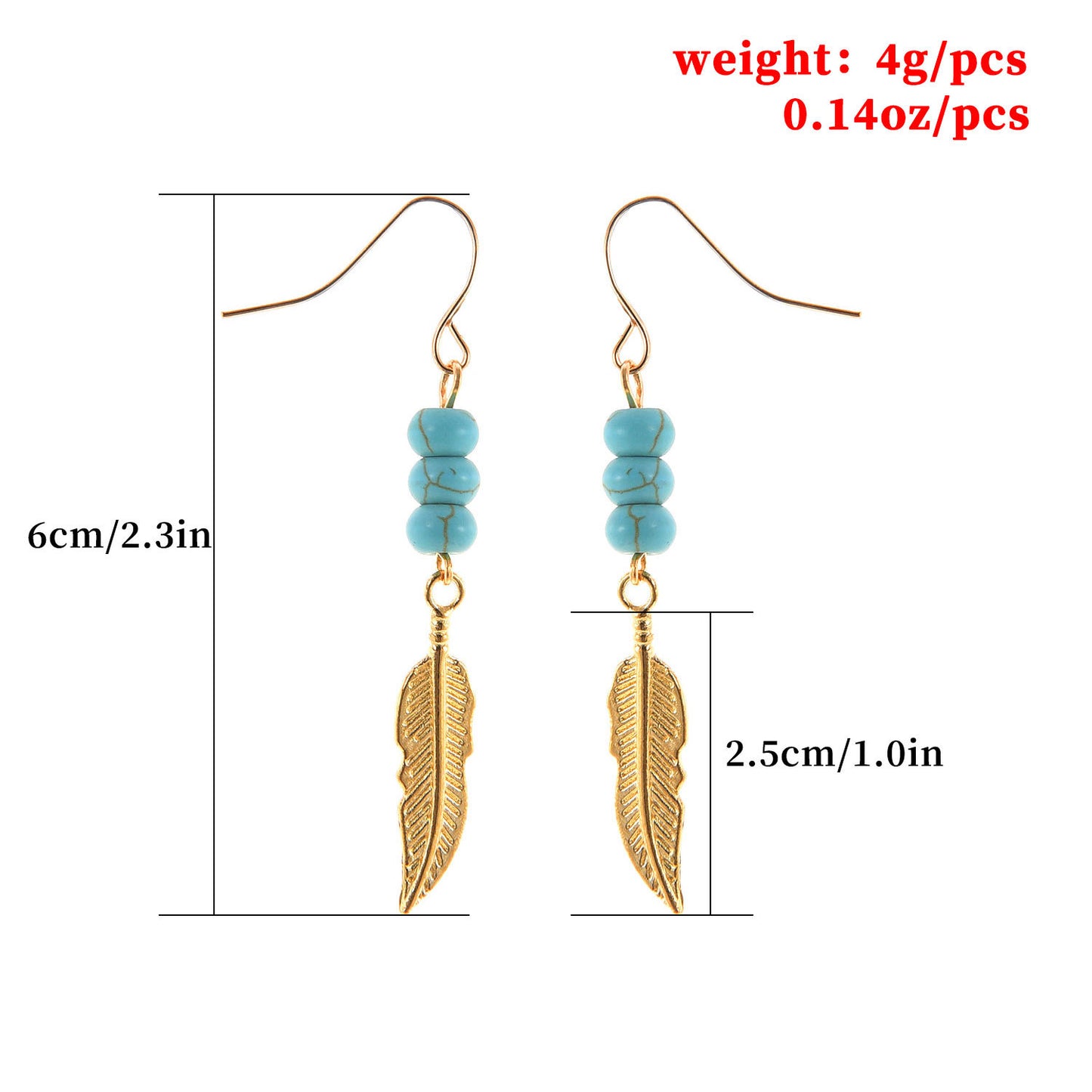 Minimalist Feather Earrings with Turquoise Beads for Women Western Style Alloy Hook Earrings