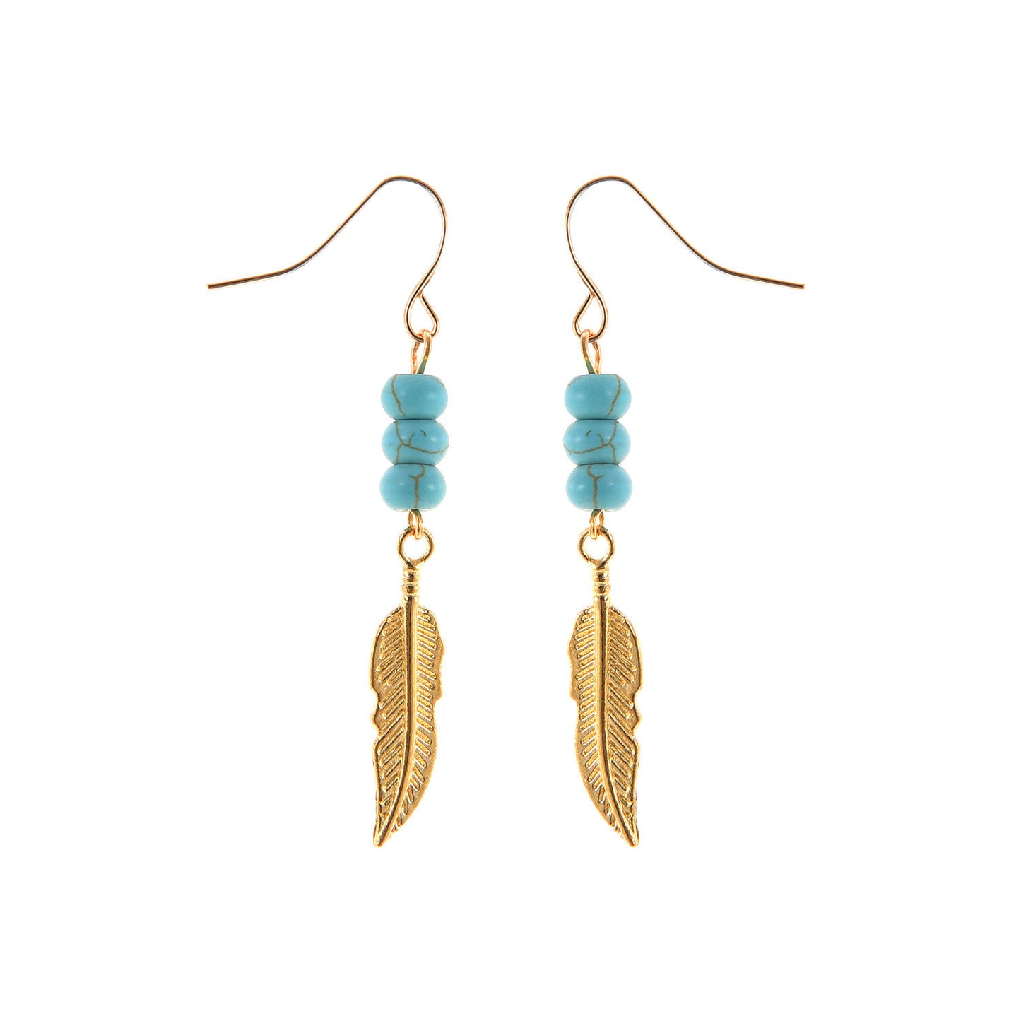 Minimalist Feather Earrings with Turquoise Beads for Women Western Style Alloy Hook Earrings