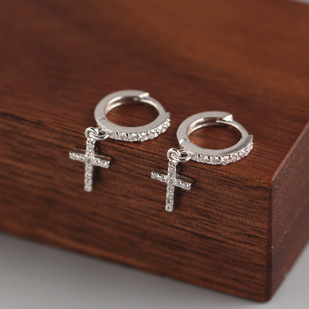 Sweet Minimalist 925 Sterling Silver Cross Rhinestone Inlay Hoop Earrings for Women