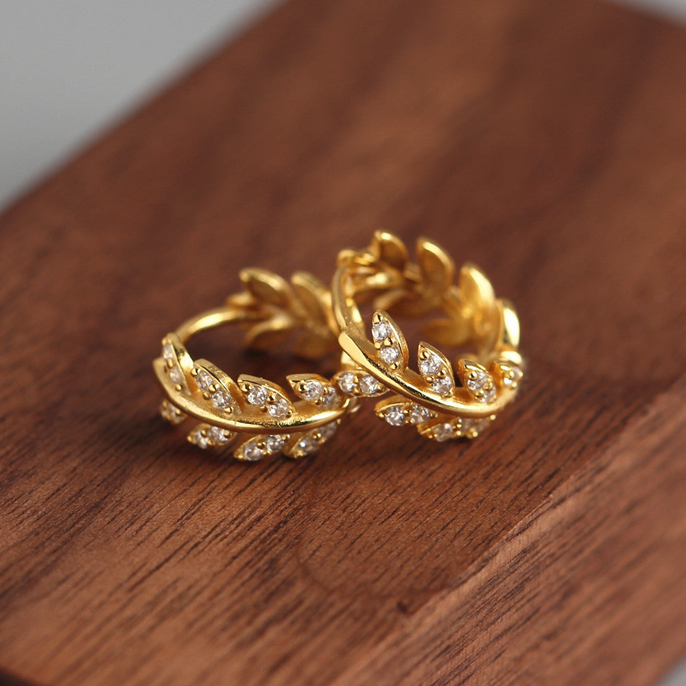 Luxury Elegant 925 Sterling Silver Leaf Rhinestone Inlay Hoop Earrings