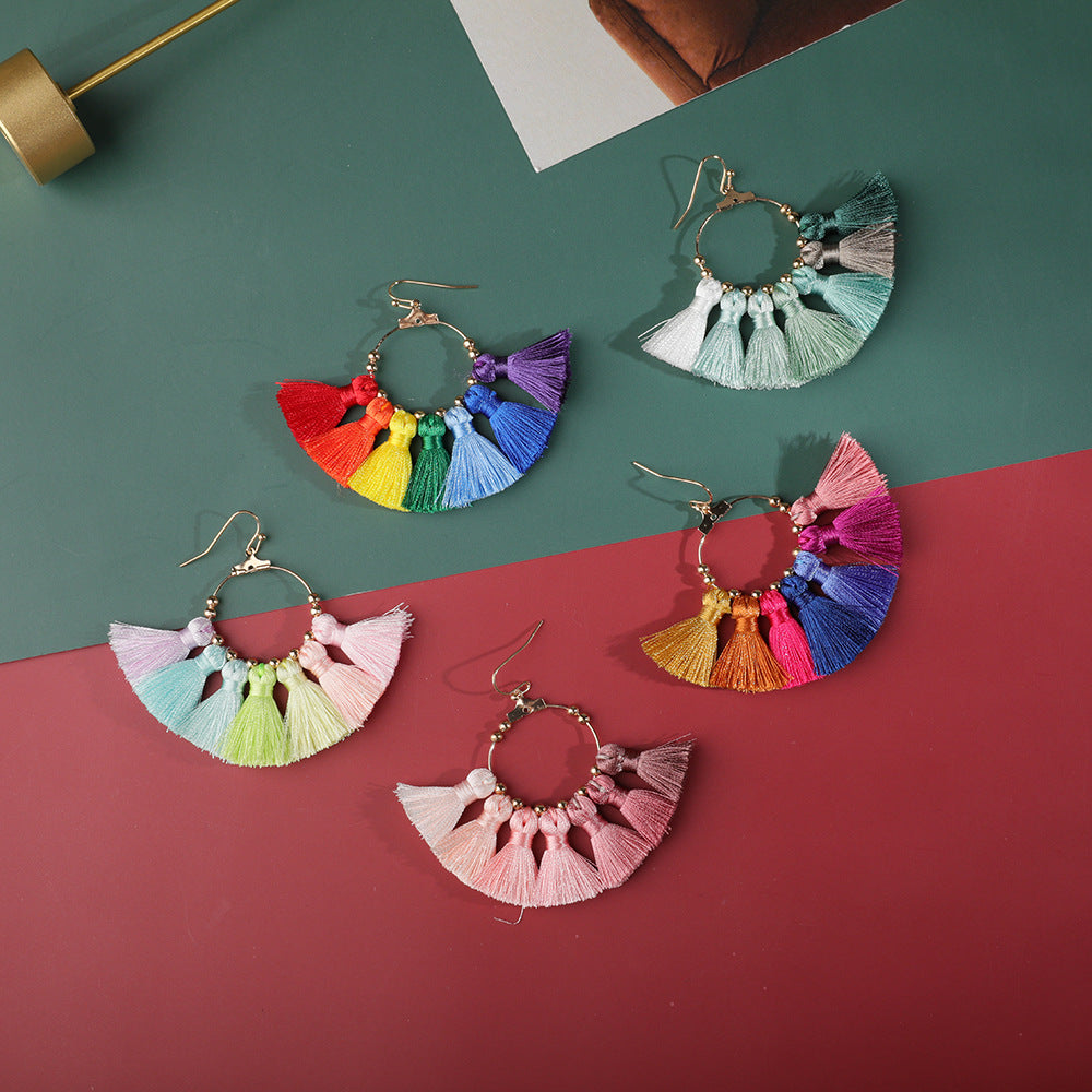 Bohemian Ethnic Geometric Alloy Handmade Woven Tassel Fan Earrings Unisex